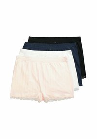 Quatre paires de shorts ornés de dentelle en rose clair, blanc, marine et noir, fabriqués dans un tissu doux avec de légères rayures verticales.