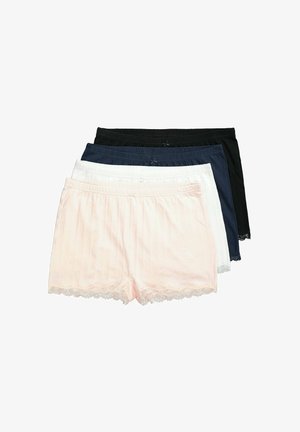 Vier paar shorts met kantafwerking in lichtroze, wit, marineblauw en zwart, gemaakt van zachte stof met subtiele verticale strepen.