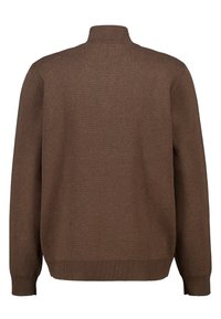 Brown knitted sweater featuring a high neck, long sleeves, and ribbed cuffs and hem. The texture appears smooth and soft.