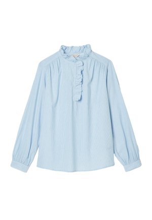 Svijetloplava bluza s dugim rukavima s naboranim visokim ovratnikom i okomitim naboranim detaljem sprijeda.