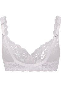 Krajkový bralet v světle růžové barvě, s květinovými vzory, zvlněným lemem, nastavitelnými ramínky a zapínáním na háček a oko na zadní straně.