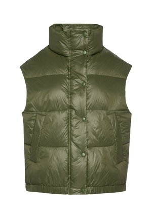 Green padded vest with high collar, featuring snap buttons, two front pockets, and a smooth, glossy texture. Lightweight and waist-length.