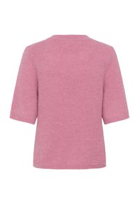 Kurzärmliger Pullover aus softem rosa Stoff mit Rundhalsausschnitt und einer strukturierten Oberfläche. Einfaches, legeres Design ohne Verzierungen.