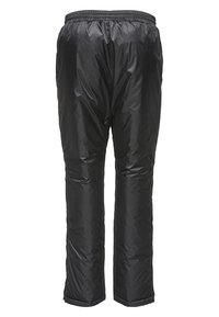 Schwarze wasserdichte Hose mit einem elastischen Bund, glatter Textur und geraden Beinen, ohne sichtbare Taschen oder Verzierungen.