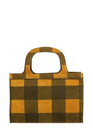 Sac à main à carreaux aux couleurs marron et jaune moutarde, fabriqué à partir d'un matériau doux. Il dispose de courtes poignées et d'une forme rectangulaire structurée.