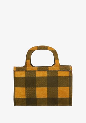 Sac à main à carreaux aux couleurs marron et jaune moutarde, fabriqué à partir d'un matériau doux. Il dispose de courtes poignées et d'une forme rectangulaire structurée.