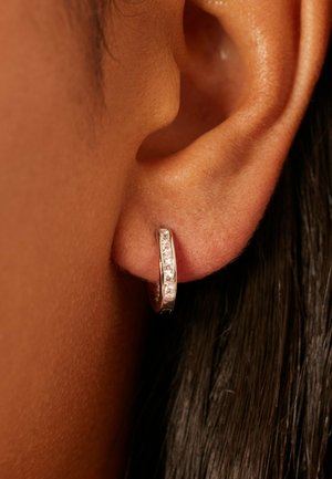 Close-up of a ear with a small silver hoop earring featuring embedded clear gemstones.