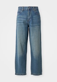 Lyseblå denim bukser med vide ben og høy midje, fem lommer og en lett falmet finish. Har knapp- og glidelås-lukkning.