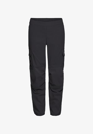 Schwarze Cargo-Hose mit elastischem Bund, seitlichen Klappentaschen und elastischen Bündchen, entworfen für Outdoor- oder Freizeitkleidung.