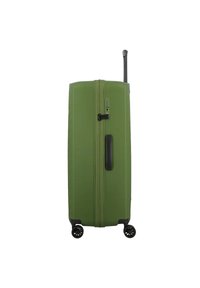 Groene harde koffer met een gestructureerde oppervlakte, twee zwarte wielen, een uitschuifbare handgreep en een combinatieslot aan de zijkant.