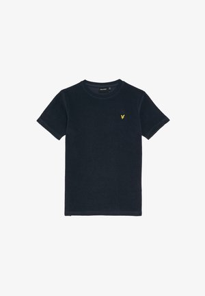 T-shirt bleu marine à manches courtes avec col rond et petit logo oiseau jaune sur la poitrine gauche, posé à plat sur fond blanc.