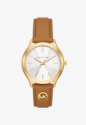 Goldfarbene Michael Kors Armbanduhr mit weißem Zifferblatt, goldenen Stundenmarkierungen und braunem Lederarmband mit MK-Logo.