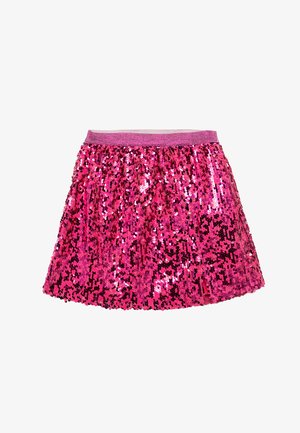 Rosa Paillettenrock mit gerafftem Design, der eine glänzende, strukturierte Oberfläche und einen elastischen Bund aufweist. Die Länge liegt über dem Knie.