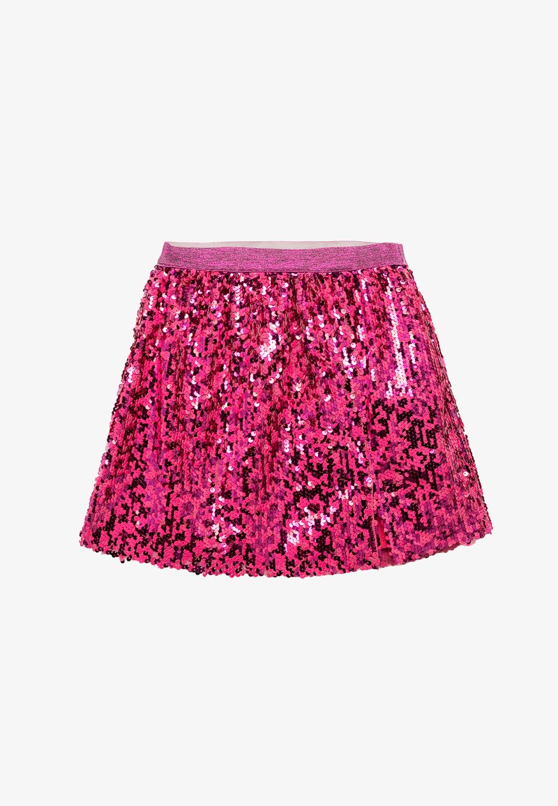Lyserød pailette-skjorte med en samlet design, der har en skinnende, tekstureret overflade og en elastisk talje. Længden er over knæet.