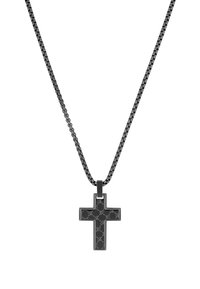 Zwarte metalen kruis hanger aan een ketting, met een met patroon bedekte oppervlakte en een gladde afwerking, met een stevig schakelkett ontwerp.