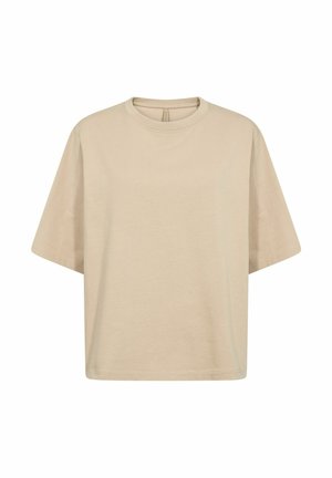 Beżowa, luźna koszulka z bawełny z krótkim rękawem, okrągłym dekoltem i gładką fakturą. Brak widocznych logo lub wzorów.