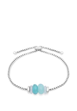 Silver chain bracelet with adjustable clasp featuring five smooth beads in shades of turquoise and light blue.