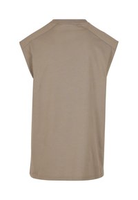 Light brown sleeveless top made of soft fabric with a round neck and relaxed fit, featuring subtle shoulder seams and a straight hemline.