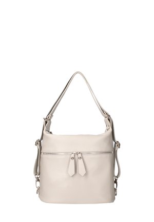 Lichtgrijze leren handtas met een gestructureerde afwerking, dubbele ritsluiting en verstelbare schouderband. Bevat een voorvak met rits en kwastjes.