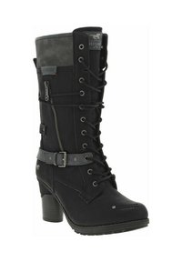 Botte noire à la cheville en tissu et en cuir. Présente un design à lacets, une fermeture éclair latérale et un accent ceinture. Talon épais et finition texturée.