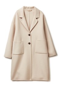 Cappotto in misto lana beige con rever a punta, due tasche frontali e due bottoni scuri. Caratterizzato da un taglio ampio e design di lunghezza media.