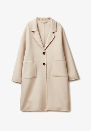 Beige Wollmischungs-Mantel mit Reverskragen, zwei Fronttaschen und zwei dunklen Knöpfen. Hat eine lockere Passform und eine mittellange Gestaltung.