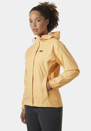 Gelbe wasserdichte Jacke mit Kapuze, verstellbarem Kordelzug, zwei Seitentaschen und einem Frontreißverschluss. Verfügt über ein Logo auf der Brust.