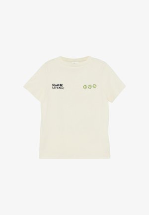 Off-white short-sleeve t-shirt with "GAME ON, LET’S PLAY!" text and three small tennis ball graphics on the chest.