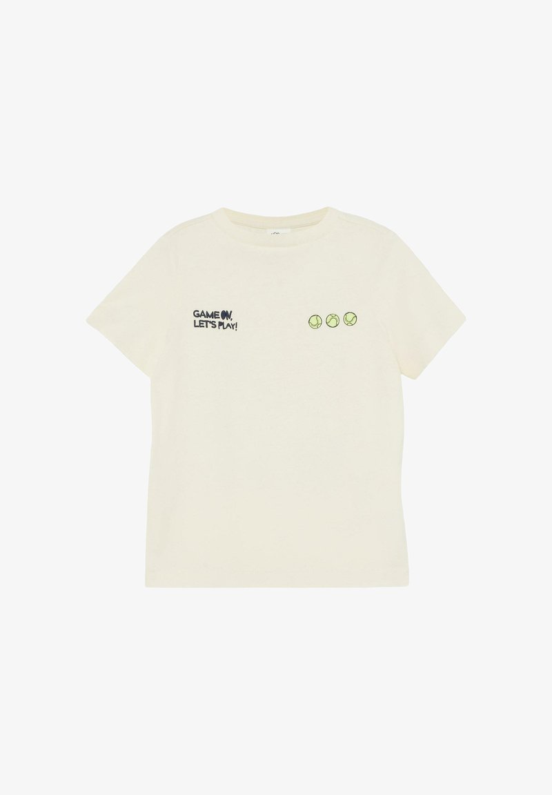 Off-weißes Kurzarm-T-Shirt mit dem Text "GAME ON, LET’S PLAY!" und drei kleinen Tennisball-Grafiken auf der Brust.