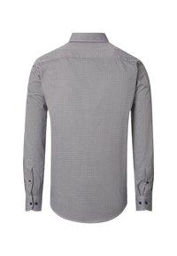 Langärmliges Hemd mit einem schwarz-weißen geometrischen Muster, einer spitzen Kragen und knopfbaren Manschetten. Glatte Stoffstruktur, taillierte Passform.