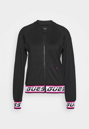 Czarna kurtka na zamek z prążkowanym kołnierzem i mankietami, przednimi kieszeniami oraz białymi i różowymi paskami na mankietach i dole z logo "GUESS".