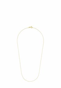 Guldfärgad metallkedja halsband, med en tunn och flexibel design, som har en hummerklämma stängning. Slät yta utan synliga dekorationer.