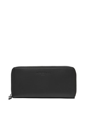 Portefeuille en cuir noir avec une texture lisse, fermeture éclair et logo en relief à l'avant. Forme rectangulaire avec un design épuré et minimal.