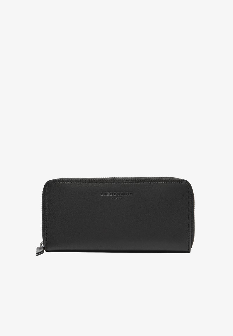 Portefeuille en cuir noir avec une texture lisse, fermeture éclair et logo en relief à l'avant. Forme rectangulaire avec un design épuré et minimal.