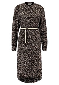 Długa czarna sukienka w mały różowy kwiatowy wzór, z okrągłym dekoltem, guzikiem z przodu, długimi rękawami i pasującym paskiem.