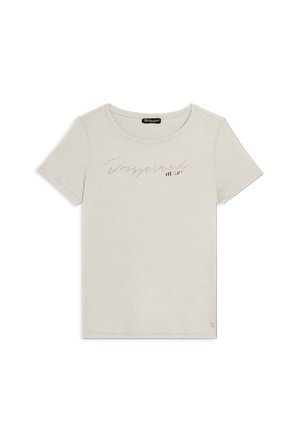 T-shirt in cotone beige chiaro con scollatura rotonda, maniche corte e testo decorativo "Inspired HEART" con accenti scintillanti sul davanti.