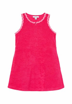 Ärmelloses Kleinkindkleid aus leuchtend pinkem Frottee-Stoff mit hellrosa welligem Besatz entlang des Halsausschnitts und der Armlöcher, vorne mit Reißverschluss.