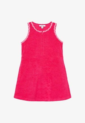 Ärmelloses Kleinkindkleid aus leuchtend pinkem Frottee-Stoff mit hellrosa welligem Besatz entlang des Halsausschnitts und der Armlöcher, vorne mit Reißverschluss.
