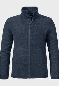 Navy-Fleecejacke mit strukturiertem Gewebe, durchgehendem Reißverschluss, hohem Kragen und dezentem Branding auf der linken Brust, mit tailliertem Schnitt.