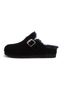Black suede clog with a fuzzy lining, adjustable buckle strap, round toe, and textured rubber sole. Simple design and clean edges.
