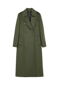 Lång olivgrön ullkappa med dubbelknäppt design, stora slag och framfickor. Har metallknappar och en rak skärning.