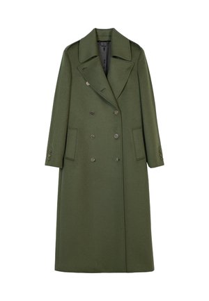 Langer olivgrüner Wollmantel mit doppelreihigem Design, großen Revers und Vorderentaschen. Ausgestattet mit metallischen Knöpfen und geradem Schnitt.