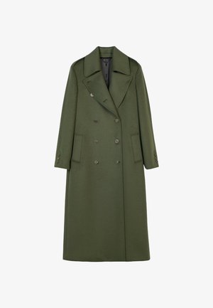Langer olivgrüner Wollmantel mit doppelreihigem Design, großen Revers und Vorderentaschen. Ausgestattet mit metallischen Knöpfen und geradem Schnitt.