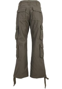 Pantalon cargo vert foncé avec plusieurs poches à rabat sur les côtés et à l'arrière, cordons de serrage ajustables à l'ourlet, vu de dos.