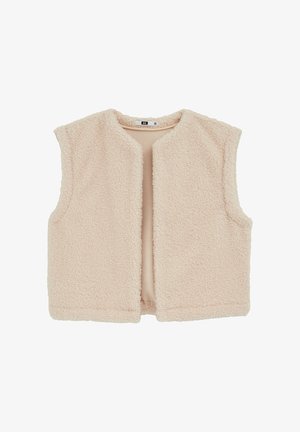 Puhaszövet mellény világos rózsaszínben, lágy, textúrált külsővel, zár nélkül, nyitott elülső résszel és egyszerű, minimalista dizájnnal.