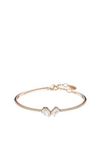 Roze gouden armband met twee heldere edelstenen, één in peervorm en één rechthoekig. Voorzien van een schakelsluiting en een karabijnsluiter.