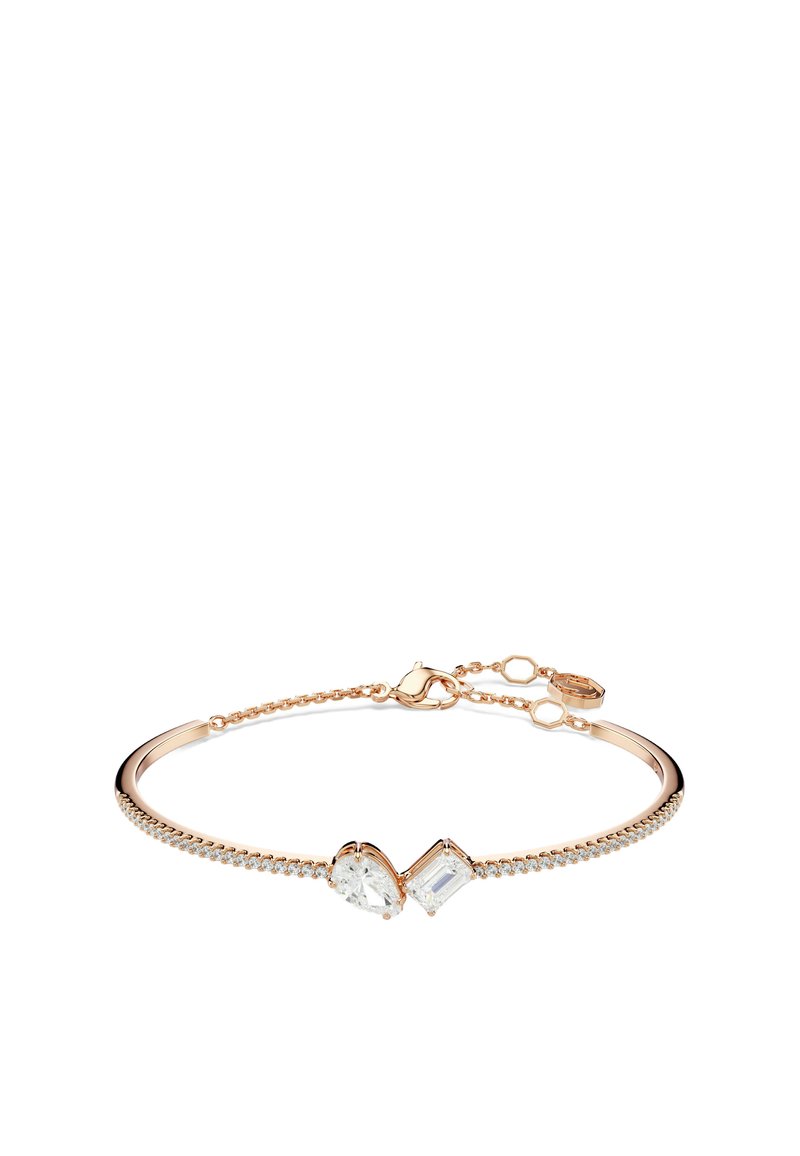 Roze gouden armband met twee heldere edelstenen, één in peervorm en één rechthoekig. Voorzien van een schakelsluiting en een karabijnsluiter.
