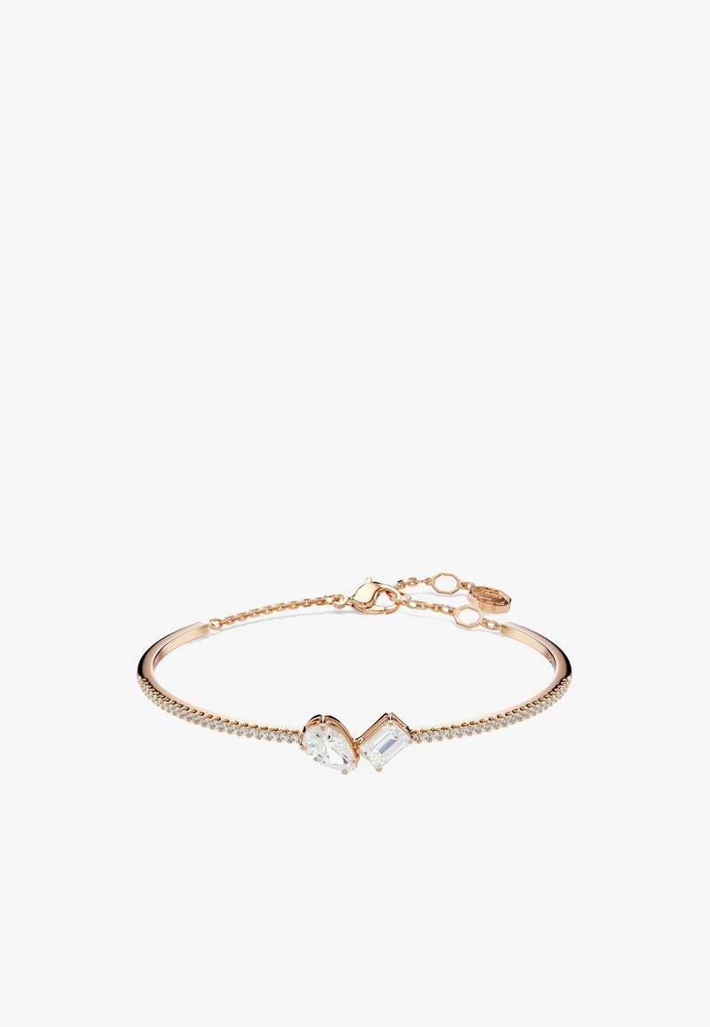 Roze gouden armband met twee heldere edelstenen, één in peervorm en één rechthoekig. Voorzien van een schakelsluiting en een karabijnsluiter.