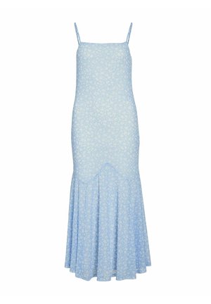 Abito midi floreale azzurro chiaro con spalline sottili, corpino aderente e orlo svasato. Realizzato in tessuto morbido con un motivo sottile.