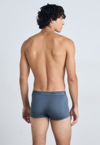 Graue Boxershorts aus glattem Stoff, mit einem Calvin Klein-Logo-Bund, enganliegender Passform und minimalistischem Design.